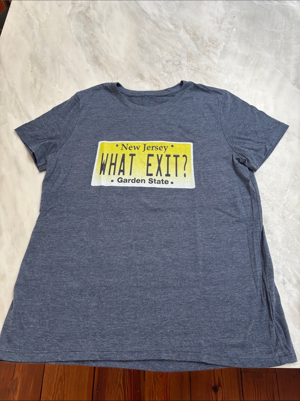 What Exit? New Jersey Graphic Tee - Blue/Yellow.  Perfect for NJ Shore Girls!